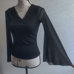 BeYou USA 90s Y2K black Semi-sheer bell sleeve gothic witchy morticia Addams top
